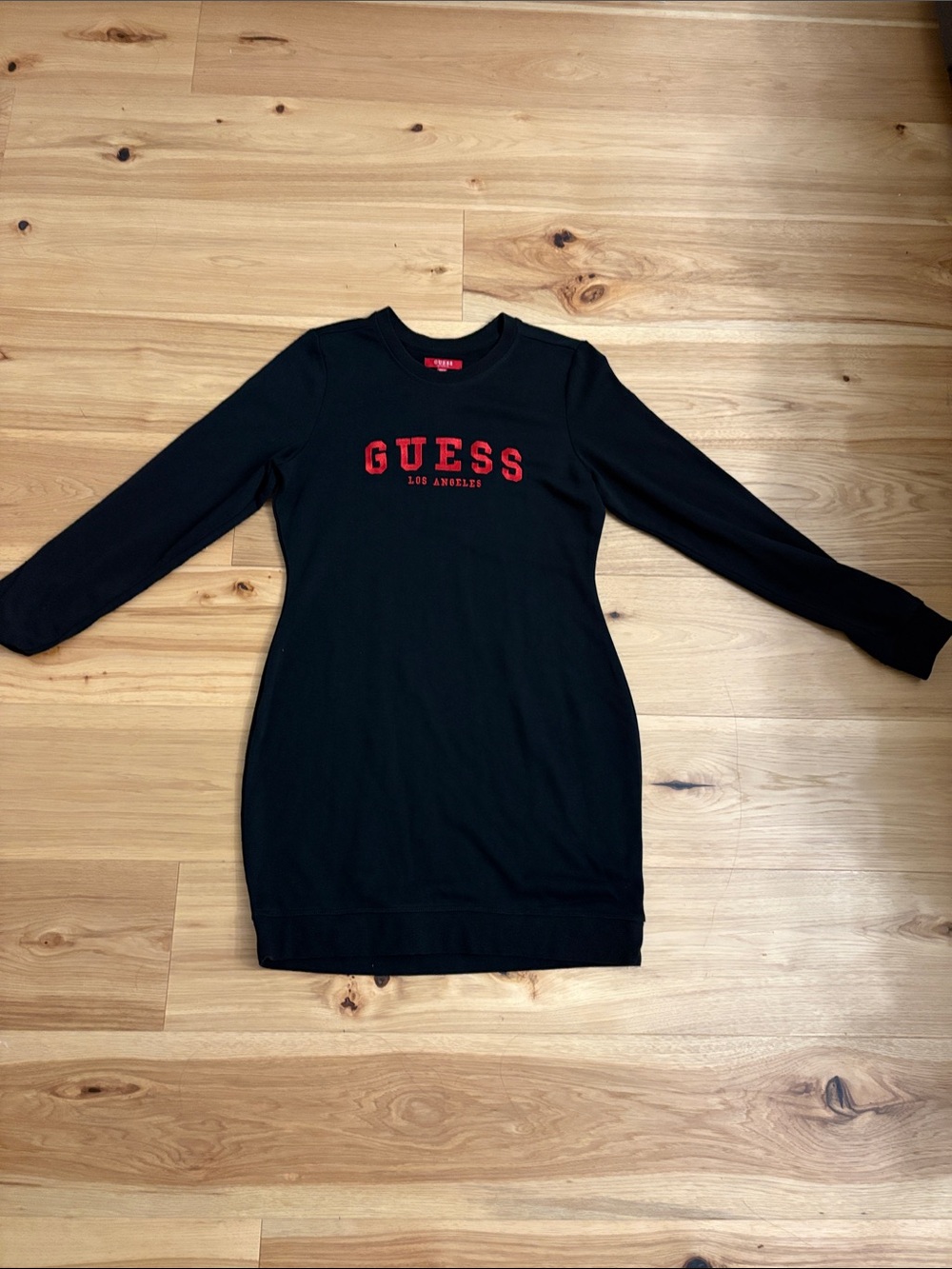 GUESS Black Long-Sleeve Knit Logo Dress with Red Lettering